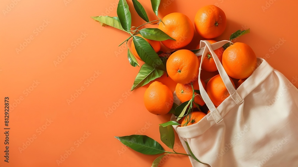 Poster oranges in cotton shopping eco friendly bag on orange background with copyspace fruit flatlay summer