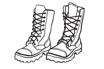High Lace River Camping Boots, military, tactical boots doodle graphic illustration isolated on white for hiking equipment, adventure, mountain sports, rock climbing, military theme. Pair boots