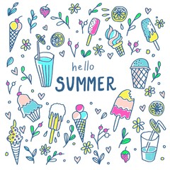 Doodle illustration, hello summer, ice cream, drinks