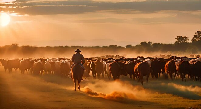 Cowboy looking at his herd of cows.