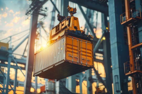 Close-up shot of a crane lifting a container from a ship to a truck at a coastal intermodal facility with a blurred background.. AI generated.