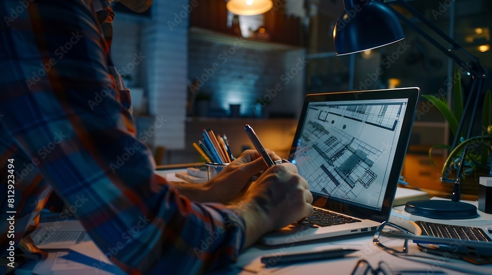 Leinwandbilder Engineer and architect working together brainstorming and designing blueprint using laptop working with architectural software for precise digital interior or structure design Insight : Generative AI