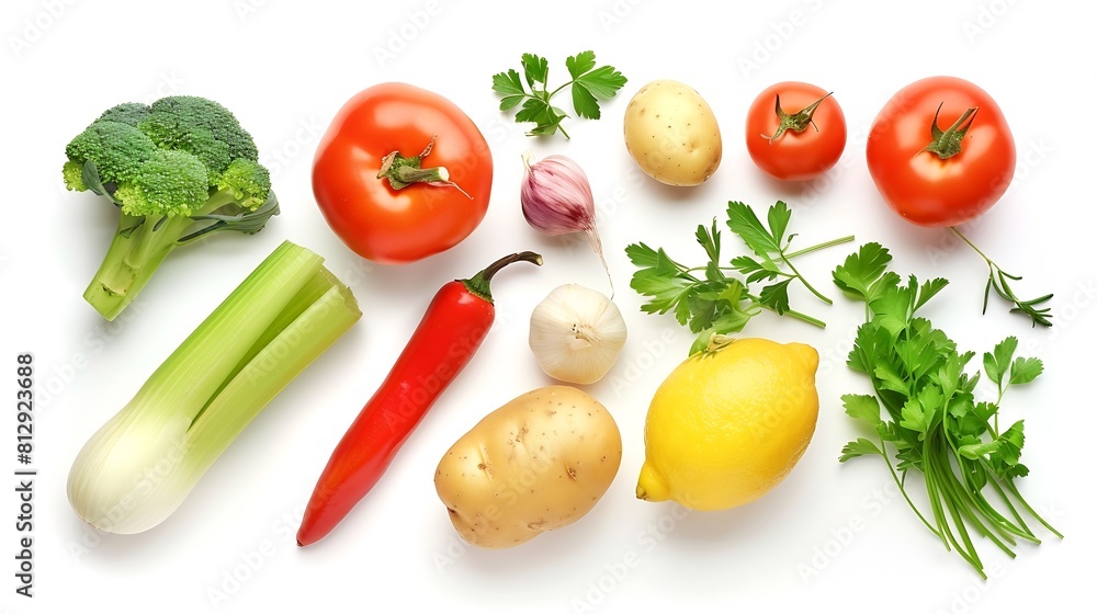 Poster fresh vegetables isolated on white background cabbage celery potato pepper onion carrot garlic lemon