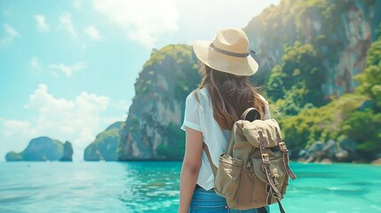 Asian woman with backpack travel at tropical island and resting on mountain peak in summer sunny day Attractive girl enjoy outdoor lifestyle looking beautiful ocean nature on beach hol : Generative AI