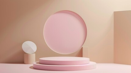 Pale Pink and White Round Podium, Background for Elegant Cosmetic Product Display 3D