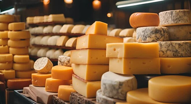 Assortment of cheeses in a cheese shop.