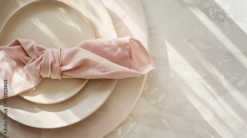 Leinwandbilder Beige ceramic plates and a pink napkin on a beige stone table Top view copy of space Table setting menu background layout recipe background food flat layout : Generative AI