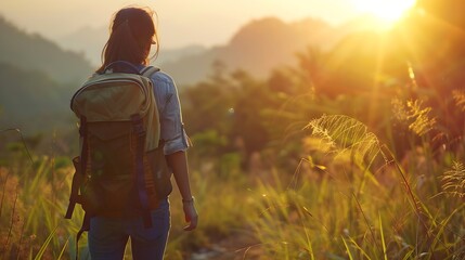 Fototapeta premium Asian girl backpack in nature during sunset Relax time on holiday concept travelselective and soft focuscolor tone of hipster style : Generative AI