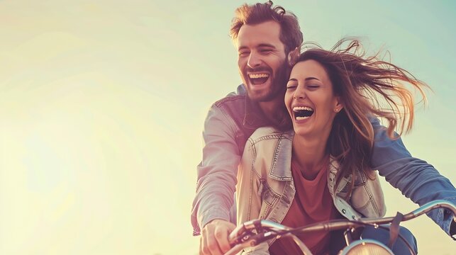 Happy adult people cheerful couple enjoy the outdoor leisure activity riding a bike together man carrying woman and laugh a lot in friendship and relationship  active youthful persons : Generative AI