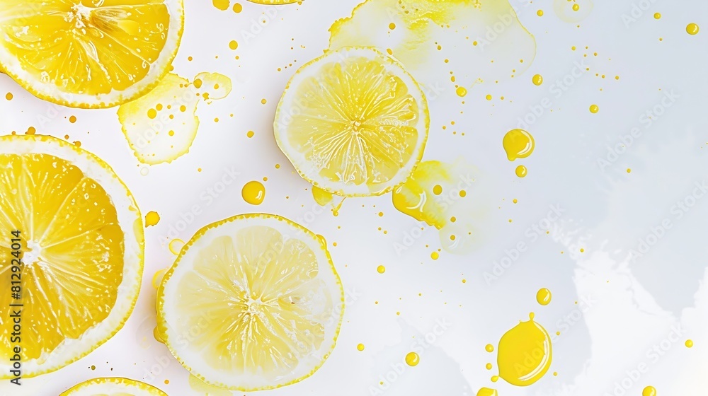 Poster creative layout made of lemon with watercolor spots on the white background flat lay food concept : 