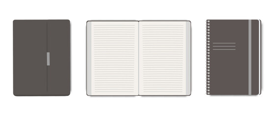 Vector realistic diary set template. Notebook with a blank open page in a line, a notebook with a clasp, a notebook with a metal spiral. Concilarium items concept.