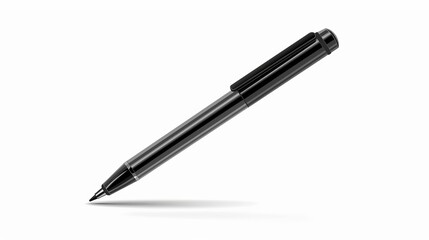 A mock-up features a black ballpoint pen with a cap in a vector illustration, presented on a white...