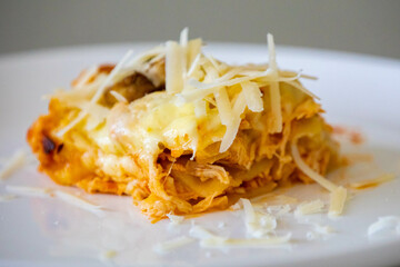 Traditional chicken lasagna with cheese and mushrooms