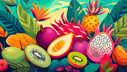 background with various tropical fruits