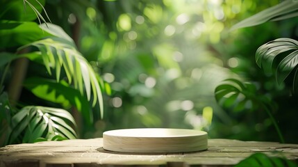 Wood tabletop podium floor in outdoors blur green tropical leaf tropical forest nature landscape backgroundcosmetic natural product mock up placement pedestal stand displayjungle summe : Generative AI
