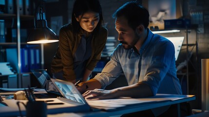 Engineer and architect working together brainstorming and designing blueprint using laptop working with architectural software for precise digital interior or structure design Insight : Generative AI