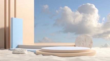 Minimalist White Podium on Cloudy Background for Dreamy Organic Cosmetic Product Display 3D