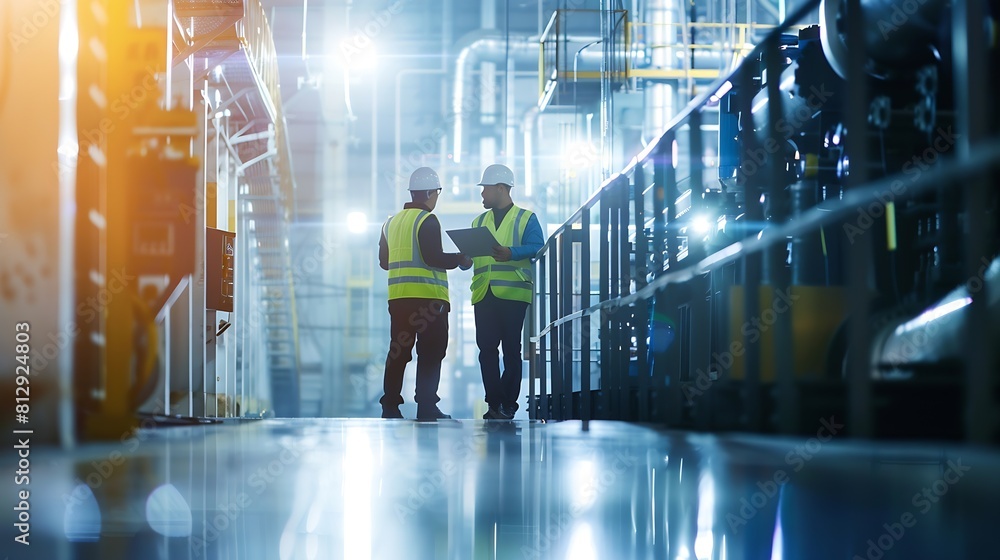Poster two heavy industry employees in safety uniform and hard hats walking and talking in a factory asian 