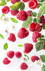 Fresh ripe raspberries, green leaves and flowers flying in the air isolated on white background