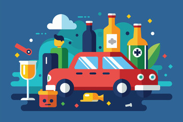 A red car sits amongst a scattering of bottles and glasses, illustrating the dangers of drunk driving, Drunk driving Customizable Flat Illustration