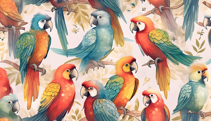 background with parrots of different colors