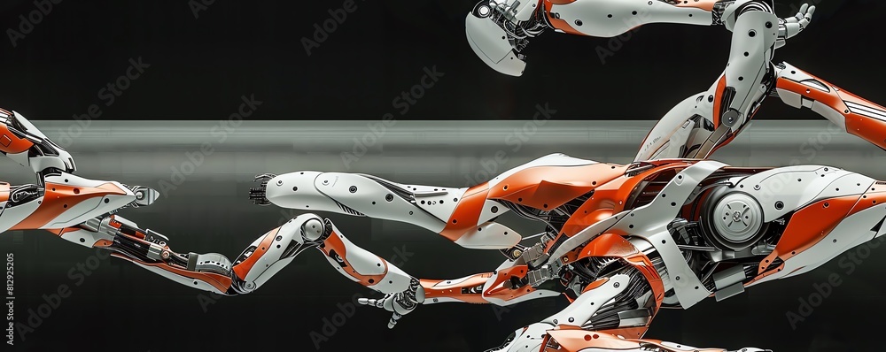 Poster illustrate a side view of a robotic ballerina in a dynamic pose
