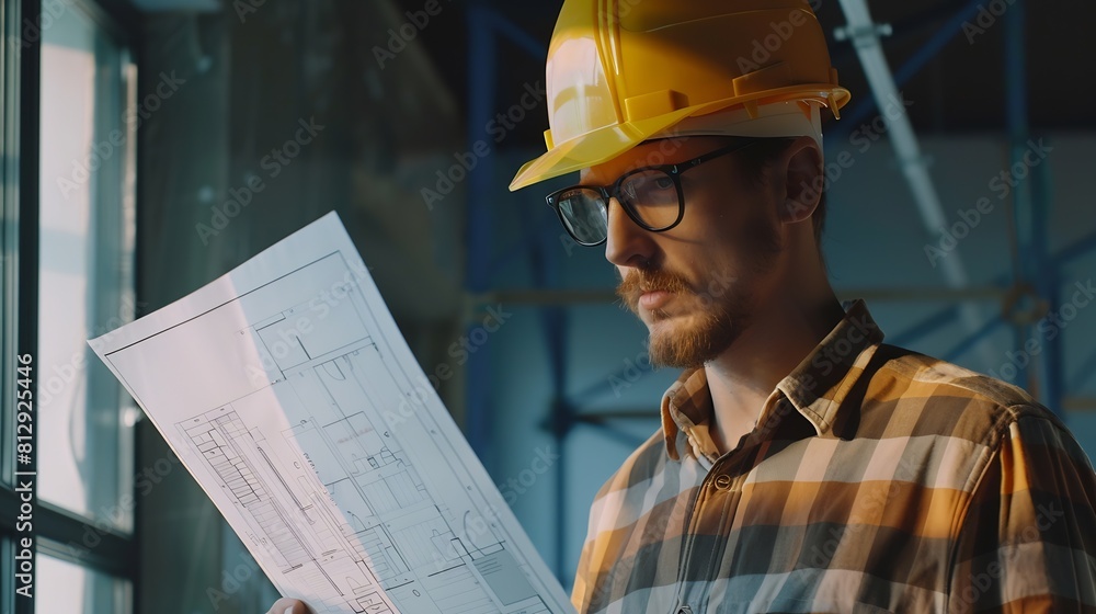 Poster Portrait of an architect builder studying layout plan of the rooms serious civil engineer working with documents on construction site : Generative AI