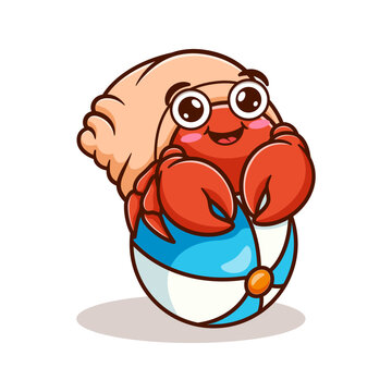 cartoon illustration design of a cute and kawaii hermit crab sitting on a beach ball