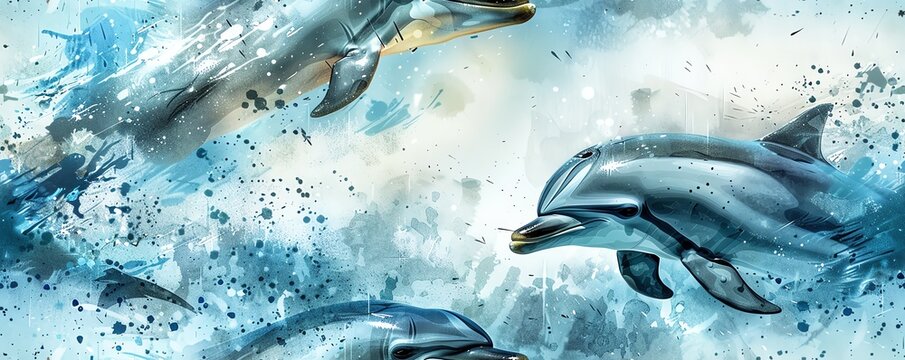 Illustrate the agility of a leaping dolphin in a watercolor-inspired portrait