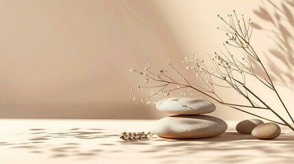 Abstract nature scene with composition of stones and dry branch Neutral beige background for cosmetic beauty product branding identity and packaging Natural pastel colors Copy space fr : Generative AI