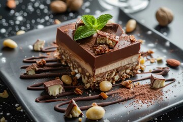 Luscious chocolate dessert garnished with fresh mint on a sleek plate, surrounded by nuts