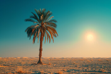 A solitary date palm tree reaching towards the scorching desert sun, its clusters of golden dates providing a much-needed source of sustenance.