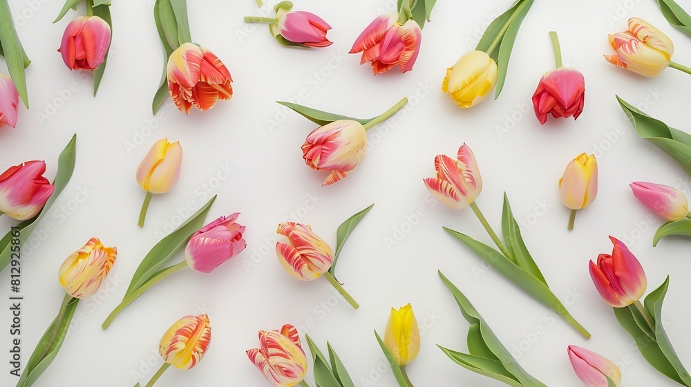 Aufkleber Spring tulips Composition and creative layout made of colorful tulip flowers isolated on white background Top view flat lay Design element : Generative AI