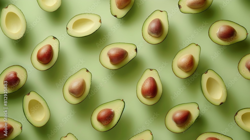 Poster creative layout made of avocado on the green background flat lay food concept macro concept : genera
