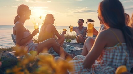 Group of happy friends having picnic drinking lemonade and eating fruits sitting near sea at sunset Summer vacation : Generative AI