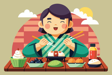 Fototapeta premium A woman sitting at a table, using chopsticks to eat sushi, Eating sushi Customizable Flat Illustration