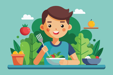 A boy using a fork and knife to eat a salad, Eating vegan food Customizable Cartoon Illustration