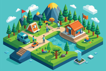 Detailed isometric map of a park with various paths and people walking around, Ecotourism Customizable Isometric Illustration