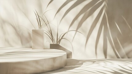Minimal product placement background with palm shadow on plaster wall Luxury summer architecture interior aesthetic Creative boho concept home product platform stage mockup : Generative AI