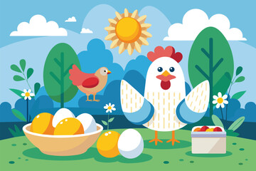 Obraz premium A chicken stands next to a bowl filled with eggs in a customizable semi-flat illustration, Eggs and chicken Customizable Semi Flat Illustration