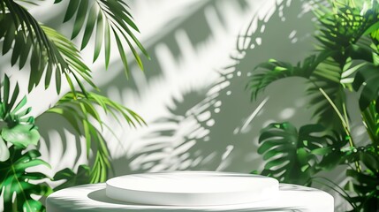 Fresh natural summer vacation eco abstract stage mockup for presentation cosmetic product design advertising with white semi circles as podium with tropical glossy green leaves in sunl : Generative AI