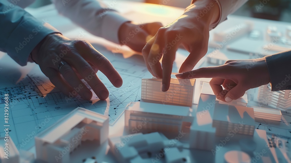 Poster Creative people hands and real estate with 3d model of building design architecture or property at office Closeup of group architect team in meeting project planning or floor layout at : Generative AI
