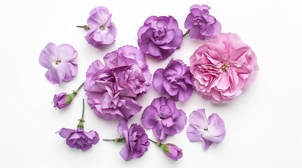 Beautiful carnation rose flower limonium branch lilac purple violet isolated on white background Holiday present Bride bouquet Creative layout Top view flat lay Design element : Generative AI