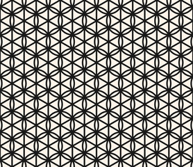 Black and white minimal vector geometric seamless pattern with curved lines, hexagons, triangles, circles, lattice. Abstract monochrome background. Simple texture in oriental style. Repeated design