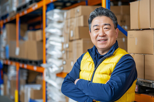 Happy senior Korean worker in the Warehouse in blue uniform and yellow safety vest.