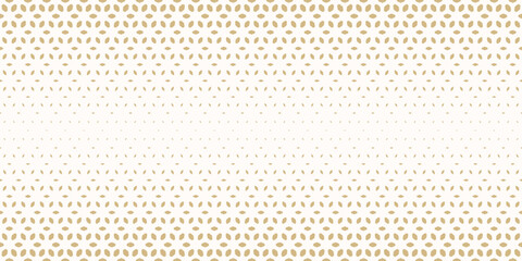 Golden vector halftone seamless pattern. Luxury gold and white texture with gradient transition effect. Elegant minimal geometric background with floral shapes, leaves, mesh. Abstract repeated design