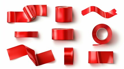 Red duct repair tape set isolated on white background. Realistic red adhesive tape pieces for fixing. Paper glued. Realistic 3d vector illustration