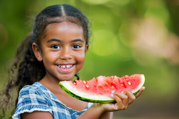 Cheerful smiling African American girl with red watermelon slice in the summer park on a green blurred background. Family, childhood, vacation concept. Copy space.