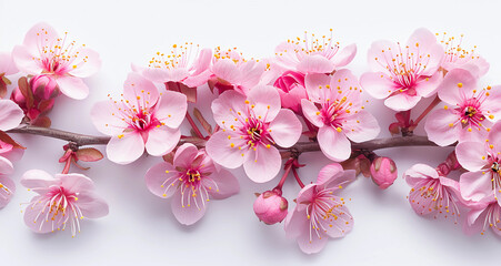Wallpaper of Cherry blossom flowers on a White background with copy space for texts