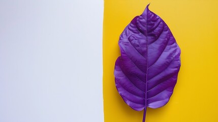 Purple painted tropical leaf on white and yellow background Minimal summer exotic concept with copy space : Generative AI